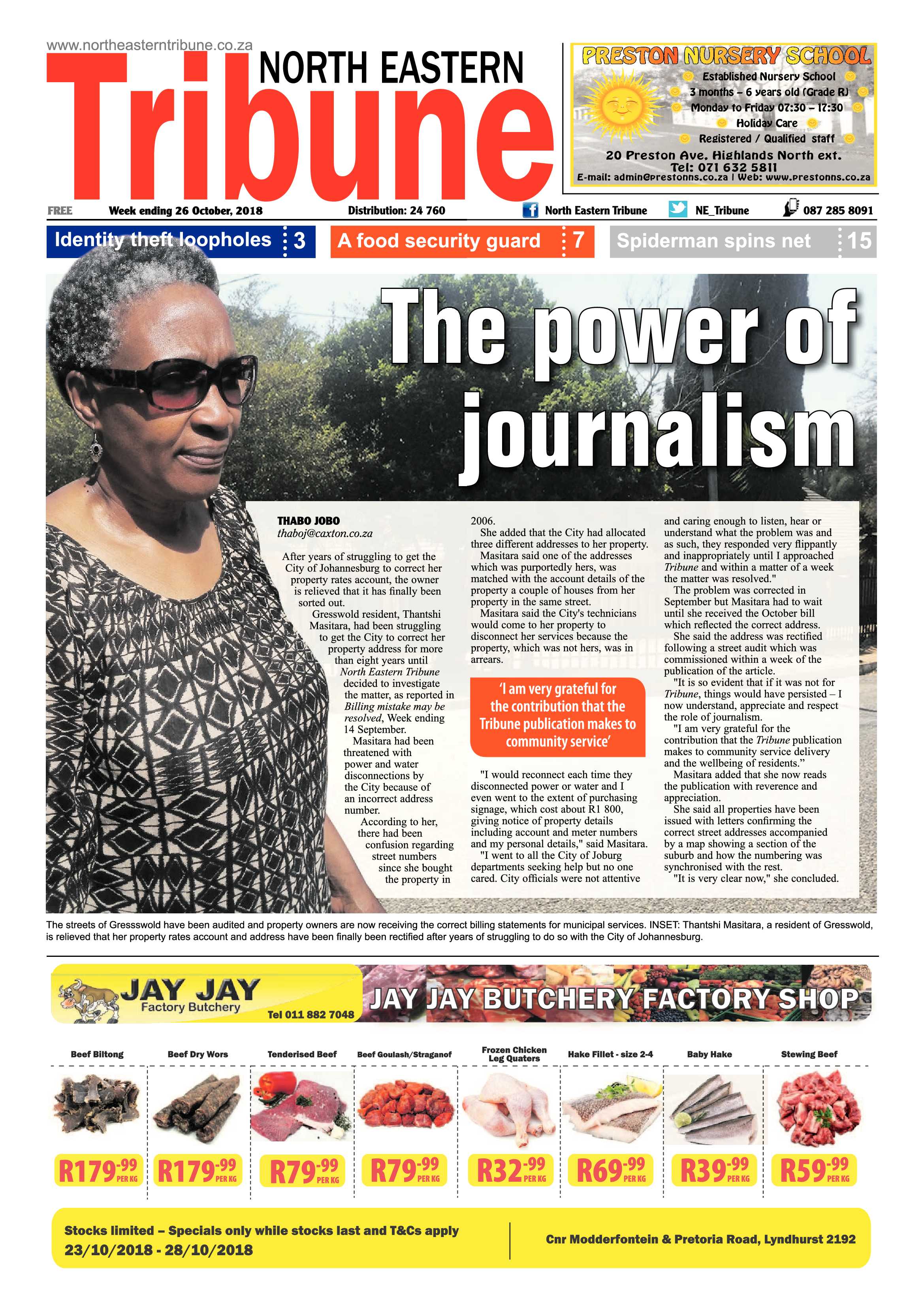 North Eastern Tribune 26 October, 2018 page 1