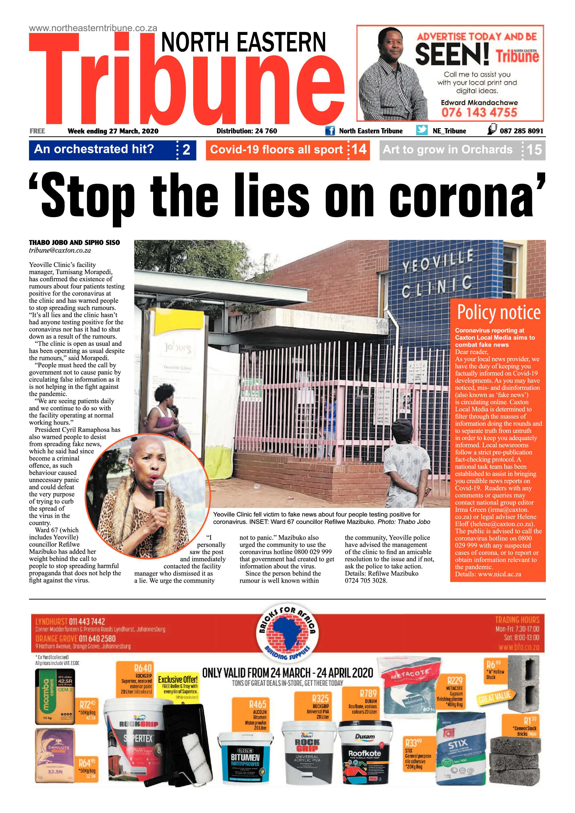 North Eastern Tribune 27 March 2020 page 1