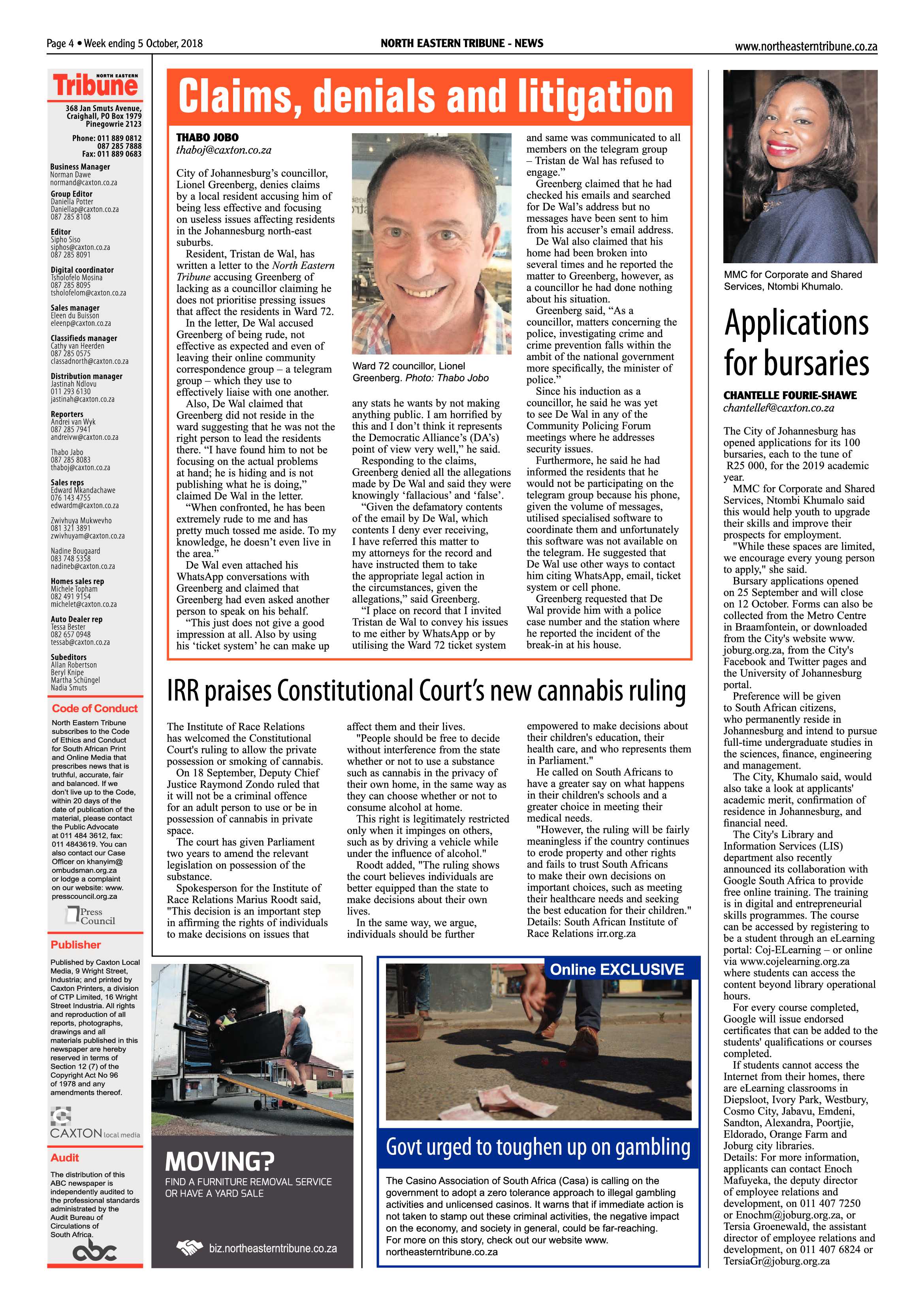 North Eastern Tribune 5 October, 2018 page 4